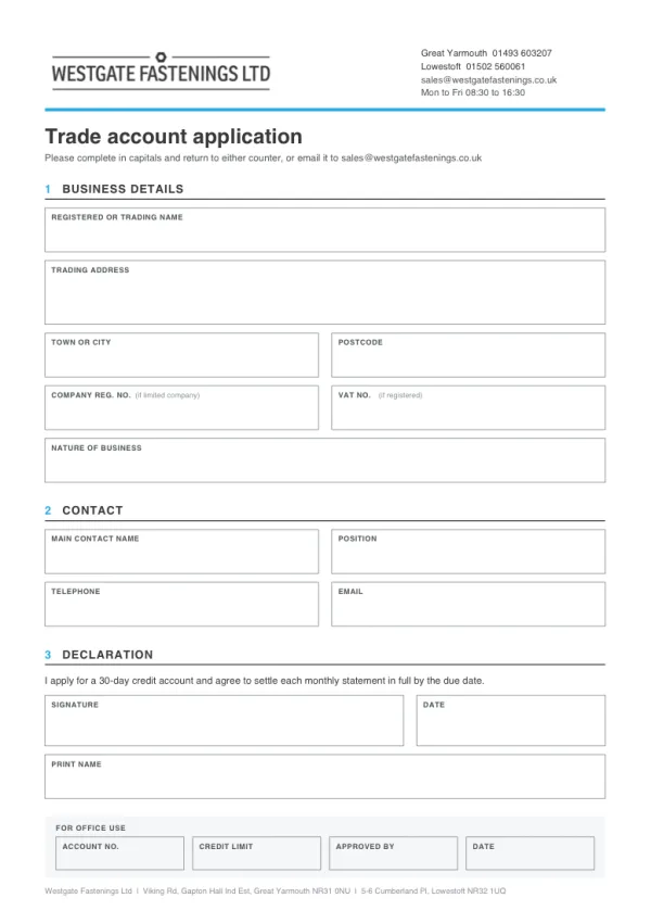 The one-page trade account application form: business details, contact details and a declaration to sign